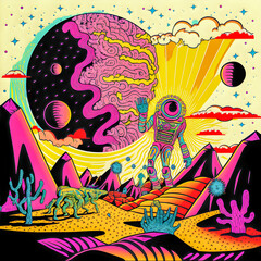 Hand drawn comic illustration of Live on Another Planet, Retro and 90s style, Cosmos, Pop Art, Abstract, Crazy, and Psychedelic Background