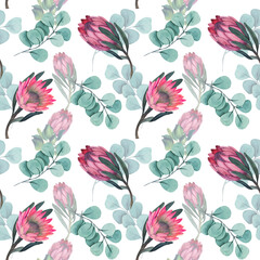 Watercolor seamless pattern with magenta protea, floral background blooming flowers and protea leaves.