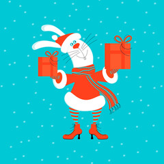 Cute happy smiling white bunny or hare wearing Santa claus clothes holding gift boxis on snowing christmas background. Flat style illustration