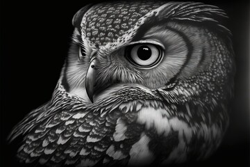 a black and white photo of an owl