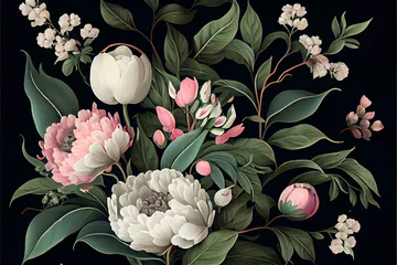 Papier Peint photo Lavable Rétro motif floral de pivoines et de lys dans un style d& 39 impression vintage idéal pour les arrière-plans