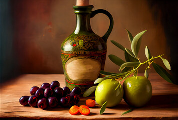 Olives and peppers in an ancient style still life - obrazy, fototapety, plakaty