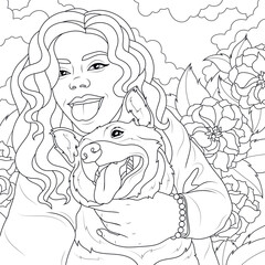 Girl with dog with tongue hanging out.Coloring book antistress for children and adults. Illustration isolated on white background. 
Line drawing.