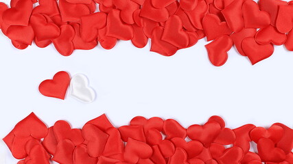 Concept for Valentine's Day or Women's Day, Greeting card, frame of red hearts with place for text, congratulations on the holiday, birthday, selective focus