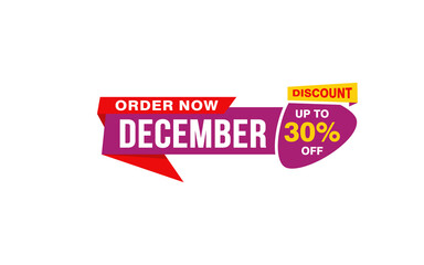 30 Percent december discount offer, clearance, promotion banner layout with sticker style. 