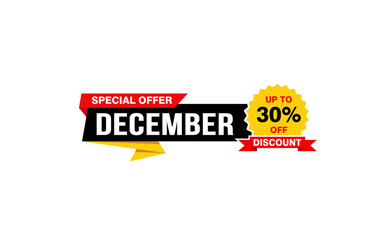30 Percent december discount offer, clearance, promotion banner layout with sticker style. 