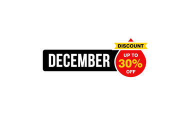30 Percent december discount offer, clearance, promotion banner layout with sticker style. 