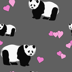 Obraz premium Panda seamless pattern with hearts. Packaging template, textile, clothing, bedding and wallpaper.