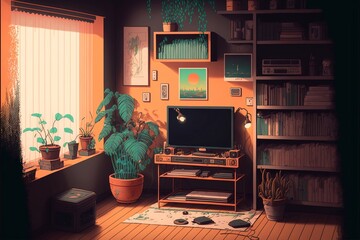 Lofi room, beautiful chill, atmospheric wallpaper. background. lo-fi, hip-hop style. Anime and manga style.