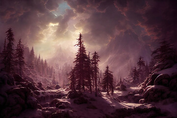 Beautiful picturesque landscape with forest, snowy winter scene with clouds in the sky, AI generated image