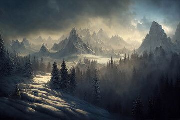 Beautiful picturesque landscape with forest of spruces on high mountains, snowy winter scene, clouds, AI generated image
