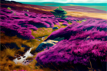 romantic moor landscape with purple heather in bloom