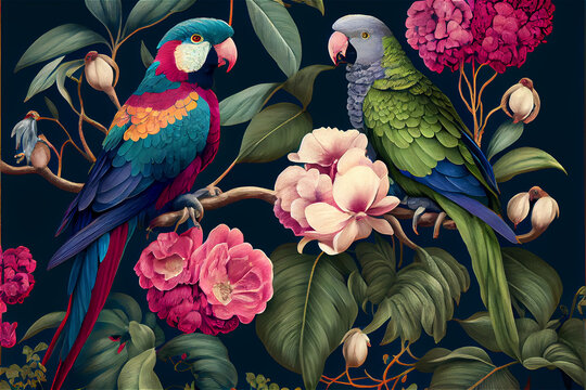 tropical pattern with parrots and flowers in bright colors