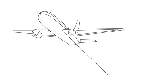 Flying plane.Airplane.Air flights.Continuous line drawing.Vector illustration .