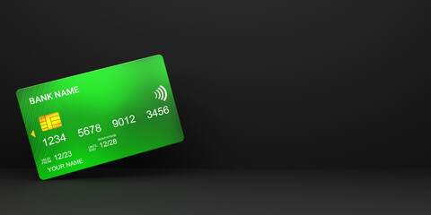 Modern green ATM card design with Free Space, Plastic credit card isolated on black background, Latest Business and finance concept, 3D rendered