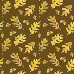 Seamless pattern with oak leaves and acorns. Hand-drawn watercolor illustration. Wild plants. Brownish on mustard background.