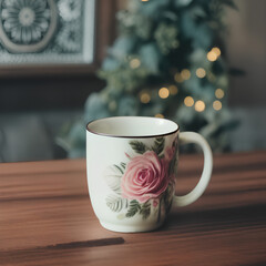 Fototapeta premium Cup of tea with rose designs (Generative AI)