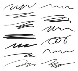 Hand drawn underlines on white. Abstract backgrounds with array of lines. Stroke chaotic patterns. Black and white illustration. Sketchy elements for posters and flyers