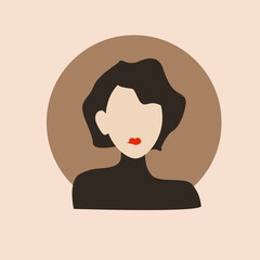 Cartoon woman portrait with red lips on pink background. Vector illustration fashionable woman in dark clothes