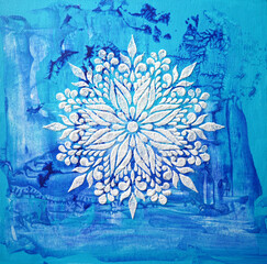 Square oil painting on blue canvas. Shiny snowflake. Texture painting. New Modern Art. White silver Mandala pattern for mehendi. Unique stencil for creating crisp images on paper, glass, fabric print - 555957515