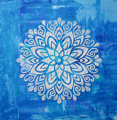 Square oil painting on blue canvas. Shiny snowflake. Texture painting. New Modern Art. White silver Mandala pattern for mehendi. Unique stencil for creating crisp images on paper, glass, fabric print - 555957528