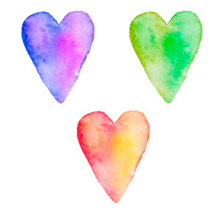 set of colored watercolor hearts on white