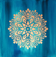 Square oil painting on blue green canvas. Shiny snowflake. Texture painting. Modern Art. Golden Mandala pattern for mehendi. Unique gold stencil for creating crisp images on paper, glass, fabric print - 555957578