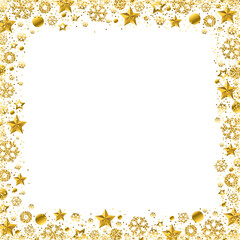 Christmas transparent background with  frame of golden glittering snowflakes and stars, square PNG