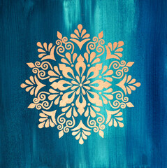 Square oil painting on blue green canvas. Shiny snowflake. Texture painting. Modern Art. Golden Mandala pattern for mehendi. Unique gold stencil for creating crisp images on paper, glass, fabric print - 555957588