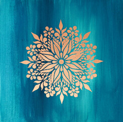 Square oil painting on blue green canvas. Shiny snowflake. Texture painting. Modern Art. Golden Mandala pattern for mehendi. Unique gold stencil for creating crisp images on paper, glass, fabric print