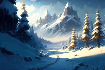 White winter landscape with a path leading into a snowy forest with mountains in the background, generative ai