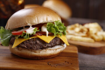 hamburger with glass of soda