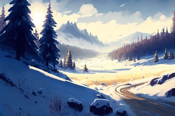 A beautiful anime style winter landscape with a small path and a dense forest with mountains in the background, generative ai