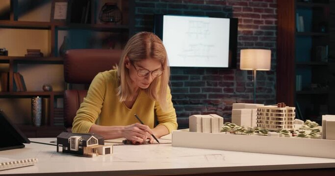 Woman architect drawing blueprints of a building while working in the office
