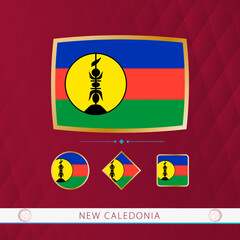 Obraz premium Set of New Caledonia flags with gold frame for use at sporting events on a burgundy abstract background.