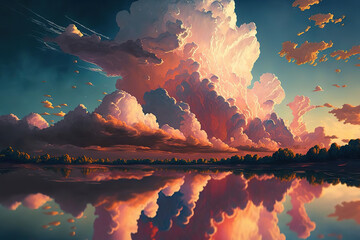 Beautiful summer clouds, fantasy landscape, art illustration - obrazy, fototapety, plakaty