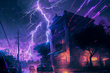 Dark dramatic stormy night sky with lightning bolts over city under rain. AI illustration.