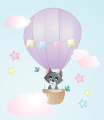 Cute cat. Funny illustration of a kitty in air balloon. 