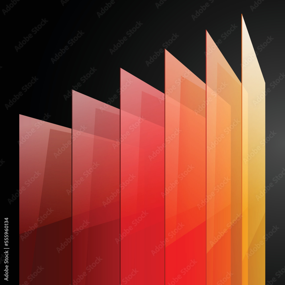 Poster 3d perspective yellow, orange and red abstract shiny rectangles on black background