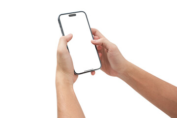 Hand showing smartphone with blank screen isolated on white background.
