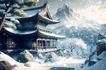 Old japanese temple in winter landscape at snowfall. Postproducted generative AI digital illustration. - obrazy, fototapety, plakaty