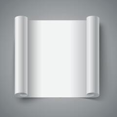 Curled white paper leaf with realistic shadows on grey background mockup