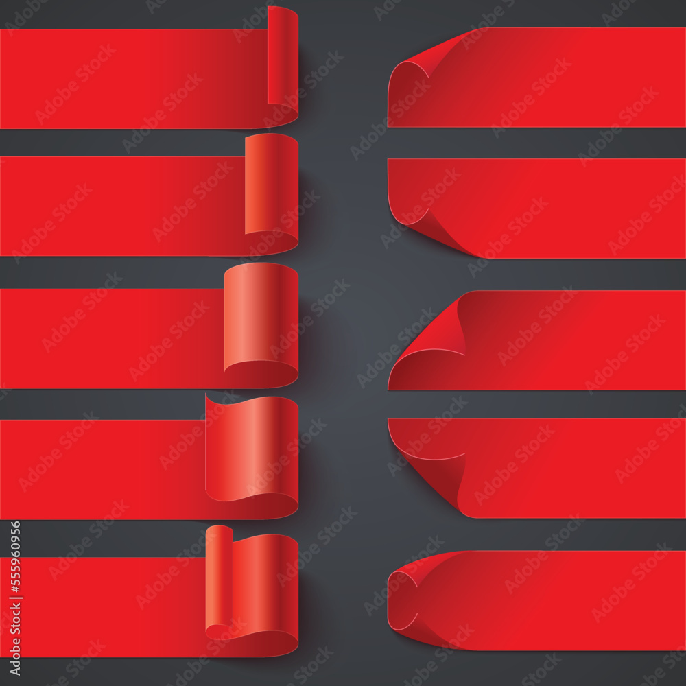 Poster set of curled red curled ribbons with shadows on dark grey background