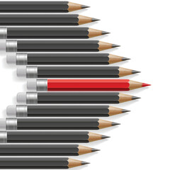 Fototapeta premium Arrow shape of dark grey pencils with one outstanding red pencil metaphor on white background