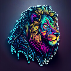neon lion portrait sticker, digital art illustration isolated, created with Generative AI