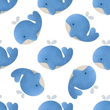 Hand-drawn children's watercolor seamless whale pattern