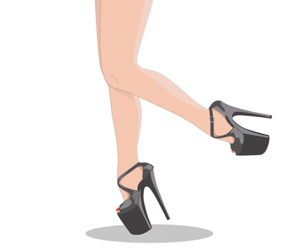 Illustration. A slender woman in black high-heeled shoes dances on a pole.