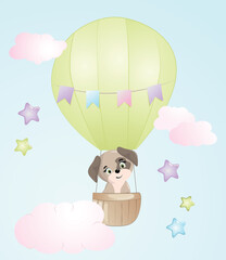 Cute dog. Funny illustration of a puppy in air balloon. 