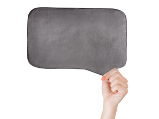 Woman hand holding black slate isolated with transparency