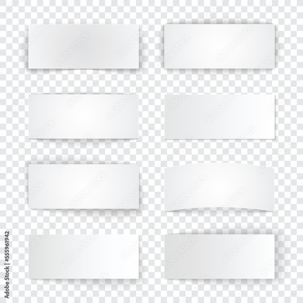Poster set of blank paper banners with realistic shadows on transparent background